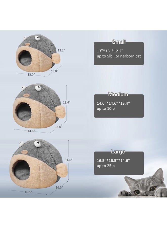 Lcybem Cat Beds for Indoor Cats - Cat Bed Cave with Removable Washable Cushioned Pillow, Soft Plush Premium Cotton No Deformation Pet Bed, Lively Pufferfish Cat House Design, Grey, Multiple Sizes(L) - Image 2