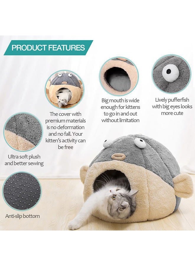 Lcybem Cat Beds for Indoor Cats - Cat Bed Cave with Removable Washable Cushioned Pillow, Soft Plush Premium Cotton No Deformation Pet Bed, Lively Pufferfish Cat House Design, Grey, Multiple Sizes(L) - Image 3
