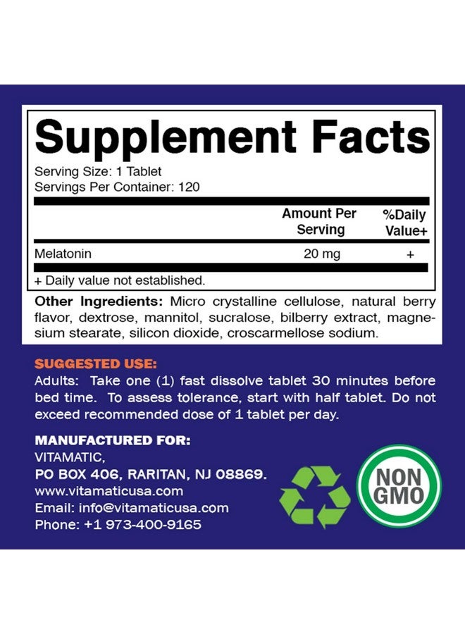 Vitamatic أقراص فيتامينات الميلاتونين 20 ملغ | نباتي، غير معدل وراثيًا، خالي من الغلوتين | قوة عالية 20 ملغ | نكهة التوت الطبيعية (1/2 قرص = ميلاتونين 10 ملغ) (120 حبة (عبوة من 3)) - Image 2