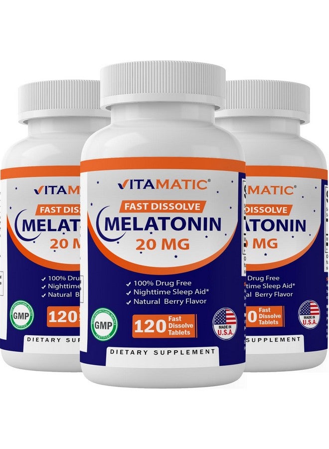 Vitamatic أقراص فيتامينات الميلاتونين 20 ملغ | نباتي، غير معدل وراثيًا، خالي من الغلوتين | قوة عالية 20 ملغ | نكهة التوت الطبيعية (1/2 قرص = ميلاتونين 10 ملغ) (120 حبة (عبوة من 3)) - Image 1
