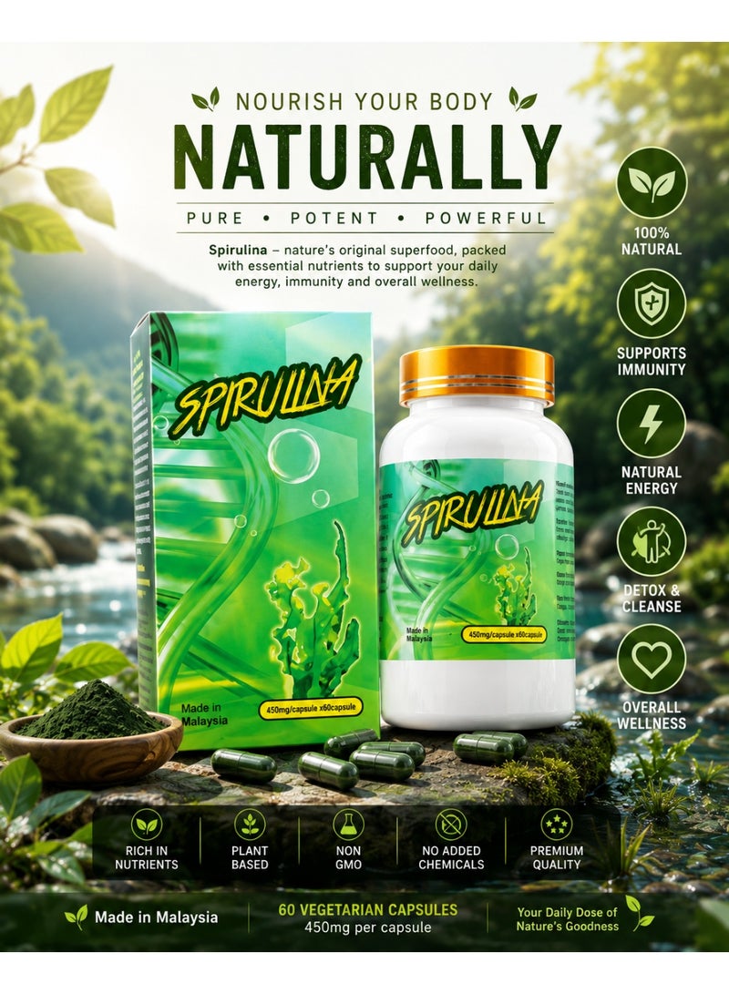 Spirulina **Spirulina 450mg Food Supplement Capsules, 60 Count – Convenient Daily Supplement – Made in Malaysia - Image 2
