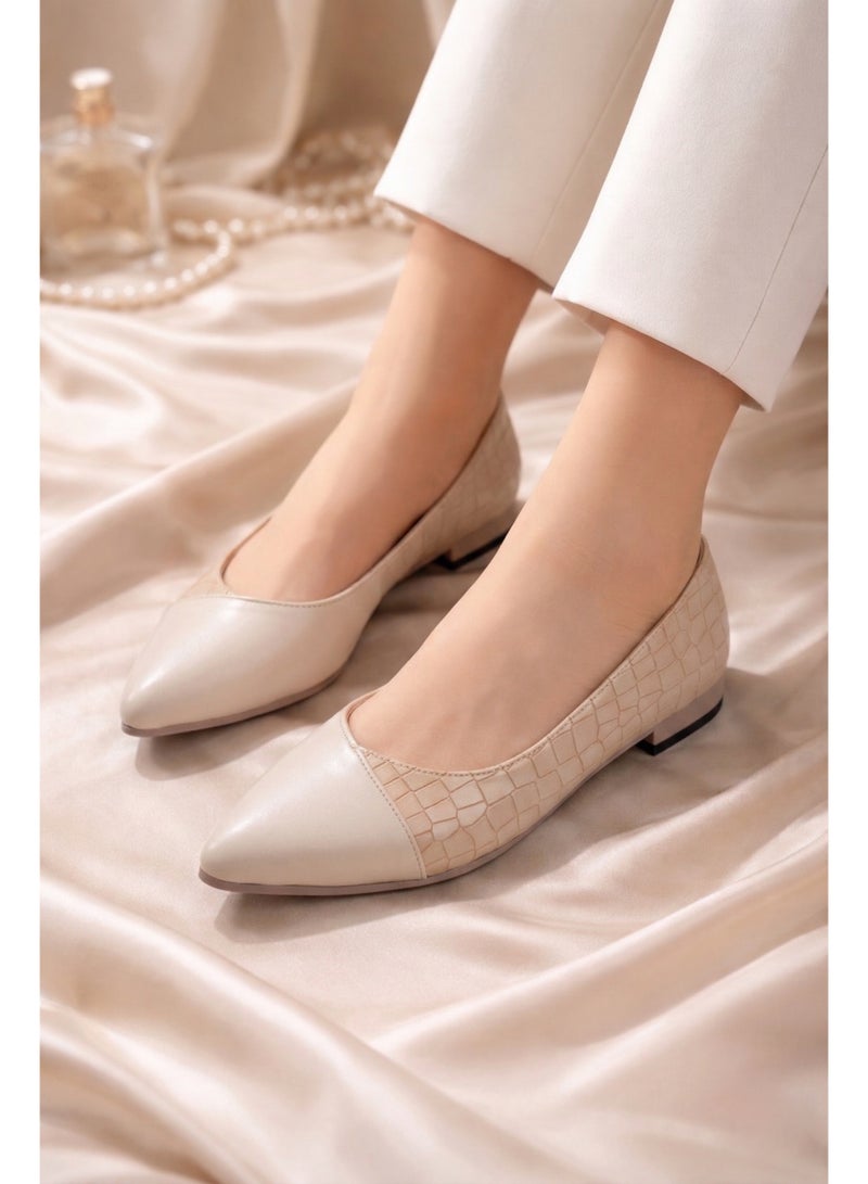 Ballerina Flat Crocodile And Leather BN-501 - Beige