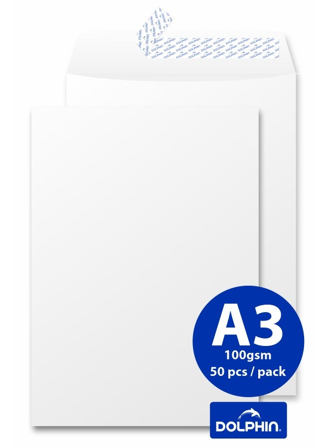 دولفين مغلف A3 أبيض من دولفين وزن 100 جرام – عبوة 50 مغلف، جودة ممتازة، إغلاق لاصق Peel & Seal، صنع في ماليزيا - Image 1