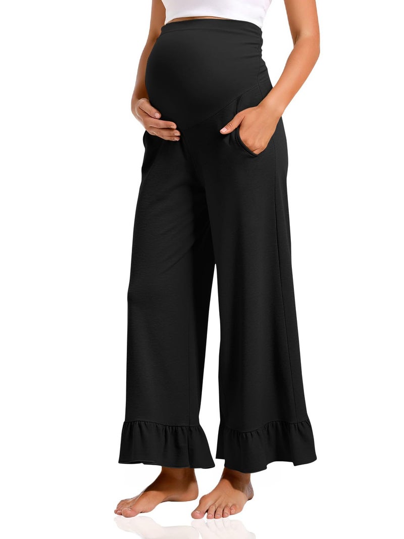 Yousify Womens Maternity Pants Soft Ruffle Flowy Lounge Palazzo Pants Pregnancy Wide Leg Trousers Black - Image 2