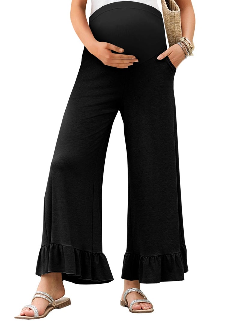 Yousify Womens Maternity Pants Soft Ruffle Flowy Lounge Palazzo Pants Pregnancy Wide Leg Trousers Black - Image 1