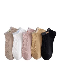 Women's Short Socks, Cotton Low Cut Ankle Socks, Lightweight Breathable Ventilation Ankle Socks, Elasticity Lovely Bow Detailing Jacquard No Show Low Cut Socks - Size 5 to 9 (5 Pack)