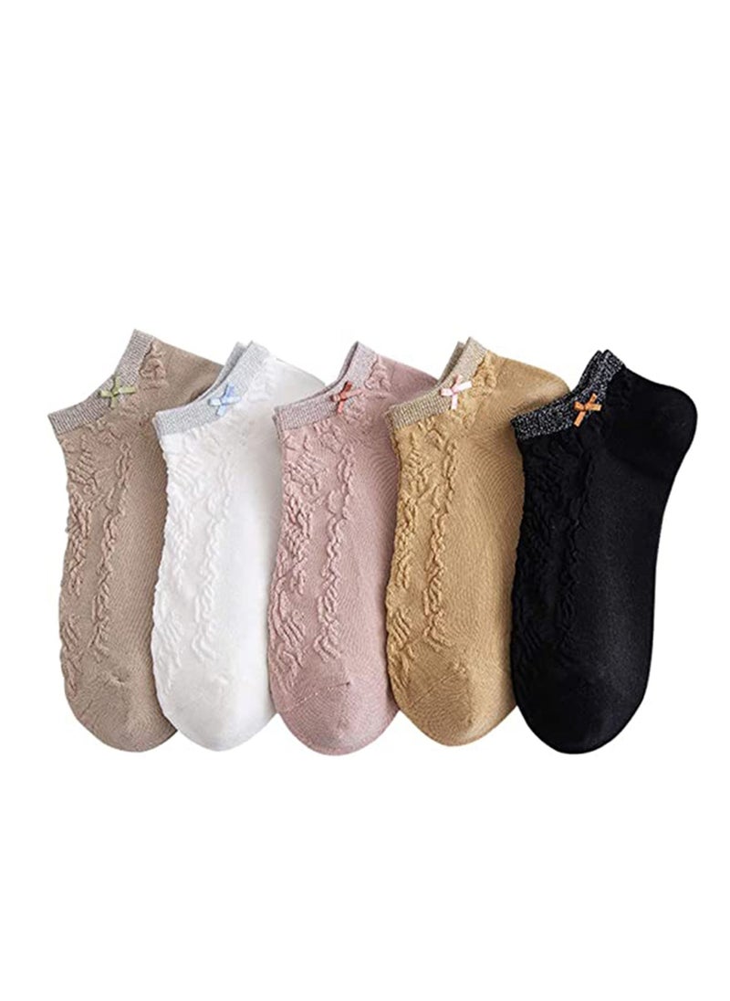 SYOSI - Women's Short Socks, Cotton Low Cut Ankle Socks, Lightweight Breathable Ventilation Ankle Socks, Elasticity Lovely Bow Detailing Jacquard No Show Low Cut Socks - Size 5 to 9 (5 Pack) - Image 1