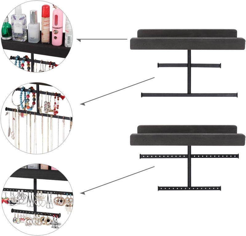 Keebofly Hanging Wall Mounted Jewelry Organizer with Rustic Wood Jewelry Holder Display for Necklaces Bracelet Earrings Ring Set of 2 Black,[Patented] - Image 3