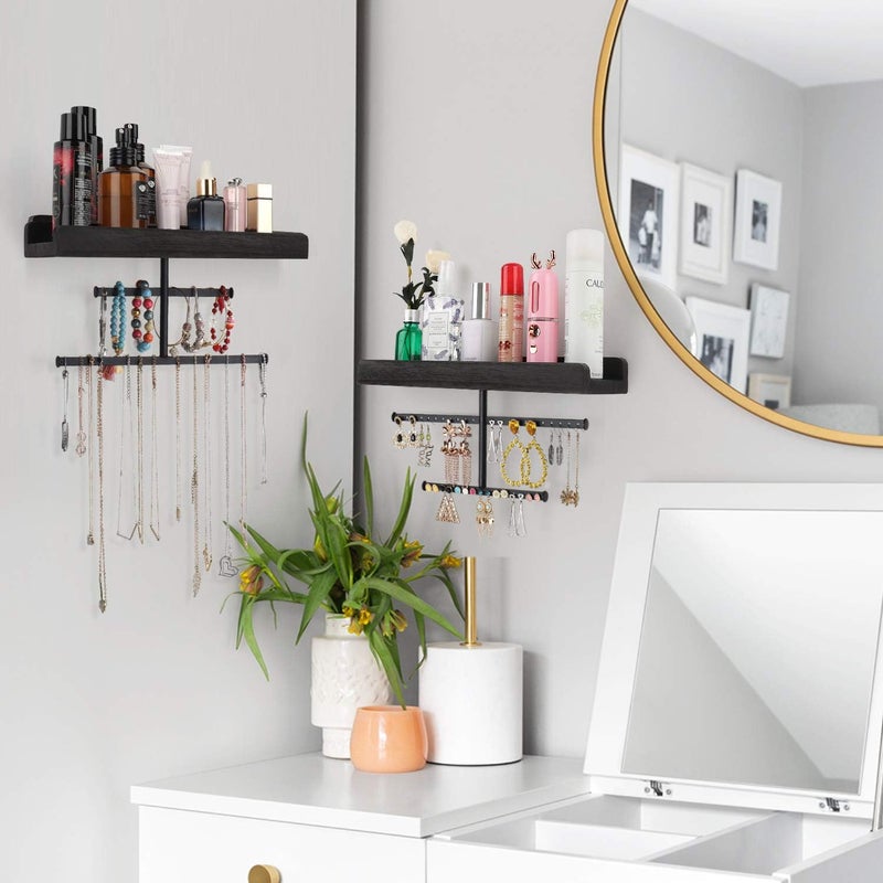 Keebofly Hanging Wall Mounted Jewelry Organizer with Rustic Wood Jewelry Holder Display for Necklaces Bracelet Earrings Ring Set of 2 Black,[Patented] - Image 5