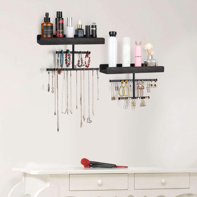 Keebofly Hanging Wall Mounted Jewelry Organizer with Rustic Wood Jewelry Holder Display for Necklaces Bracelet Earrings Ring Set of 2 Black,[Patented] - Image 2