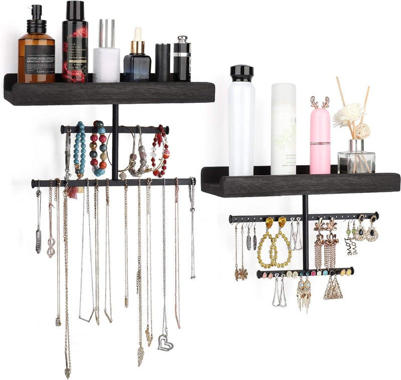 Keebofly Hanging Wall Mounted Jewelry Organizer with Rustic Wood Jewelry Holder Display for Necklaces Bracelet Earrings Ring Set of 2 Black,[Patented] - Image 1