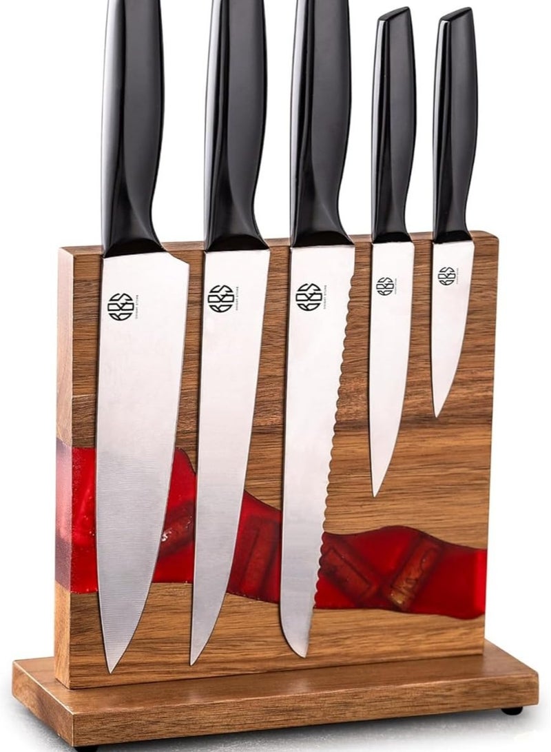 Bright Stone Bright-Stone Premium Kitchen Knife Set – 5 Piece Stainless Steel Black Handle with Resin Wood Magnetic Holder  - Image 1