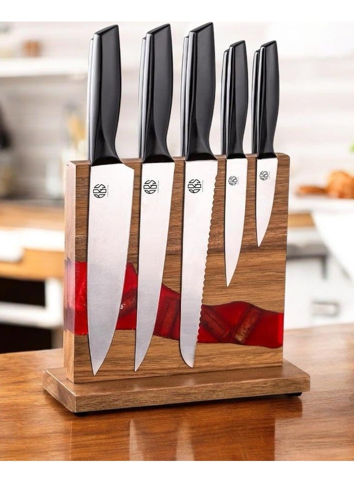 Bright Stone Bright-Stone Premium Kitchen Knife Set – 5 Piece Stainless Steel Black Handle with Resin Wood Magnetic Holder  - Image 2