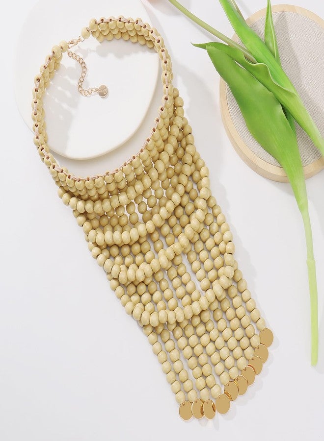 Coiris قلادة خشبية من كويريس للنساء بتصميم بوهيمي أفريقي طويلة متعددة الخيوط سميكة بطبقات مصنوعة يدويًا (N0123-بيج) - Image 2