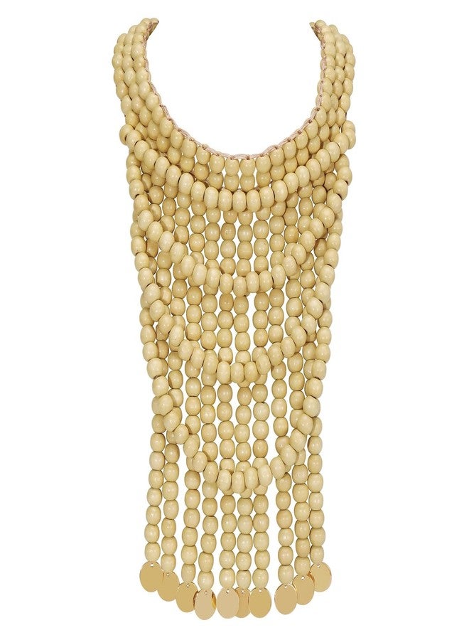 Coiris قلادة خشبية من كويريس للنساء بتصميم بوهيمي أفريقي طويلة متعددة الخيوط سميكة بطبقات مصنوعة يدويًا (N0123-بيج) - Image 1