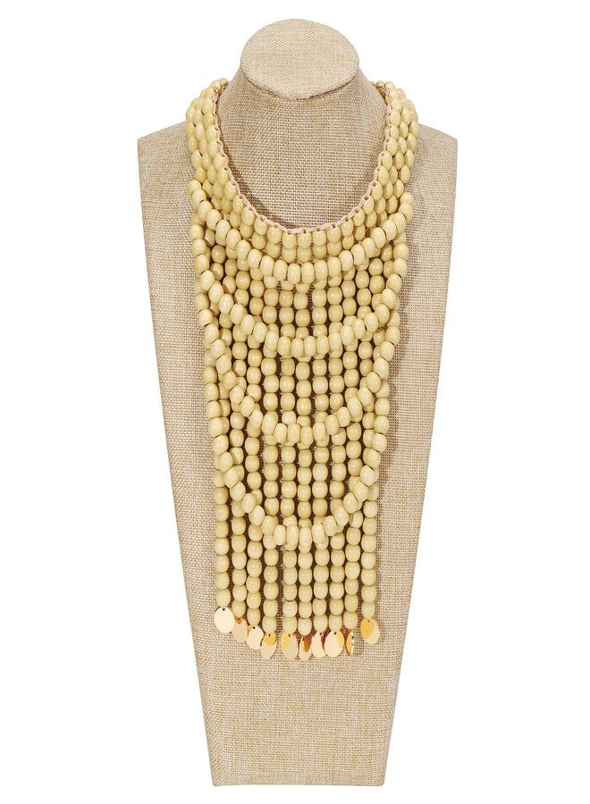 Coiris قلادة خشبية من كويريس للنساء بتصميم بوهيمي أفريقي طويلة متعددة الخيوط سميكة بطبقات مصنوعة يدويًا (N0123-بيج) - Image 5