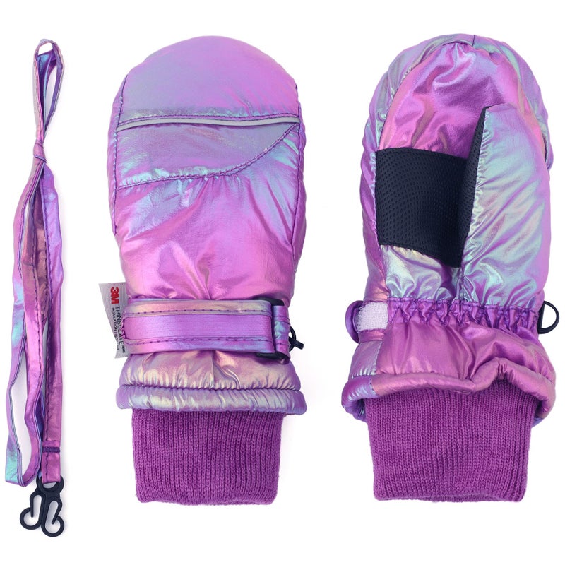 F Flammi Toddler Kids Snow Mittens with String Waterproof Ski Mittens Thinsulate Winter Gloves for Baby Girls Boys(Blink Purple,2-4) - Image 1
