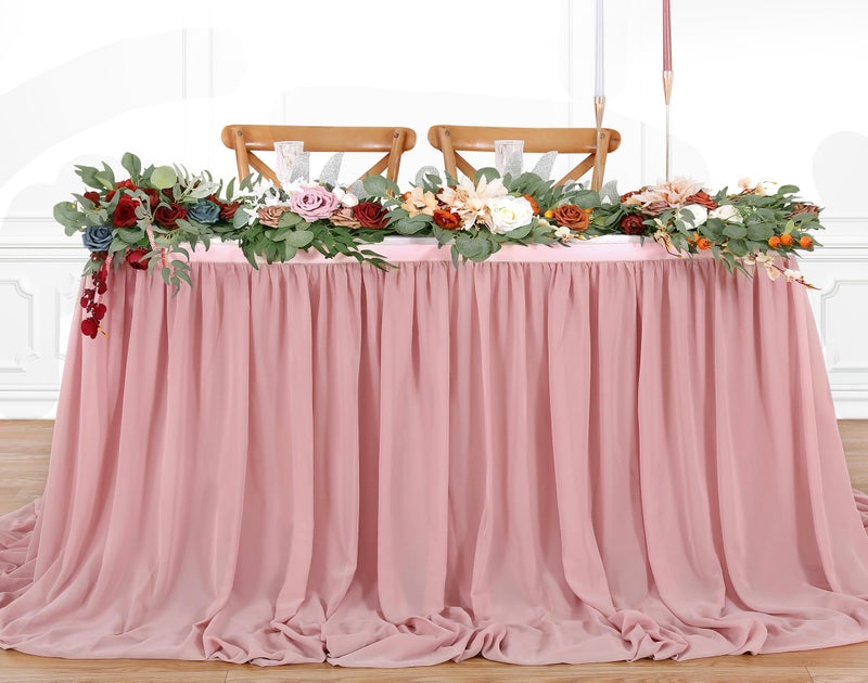 QueenDream 6ft Dusty Rose Table Skirt Sheer Tablecloth for Baby Girl Birthday Princess Party Wedding Table Decor - Image 1