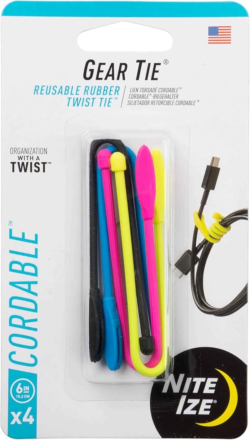 Nite Ize Gear Tie Cordable - Reusable Rubber Twist Tie for Cord Management, 6-Inch, Assorted Colors, 4 Pack - Image 1