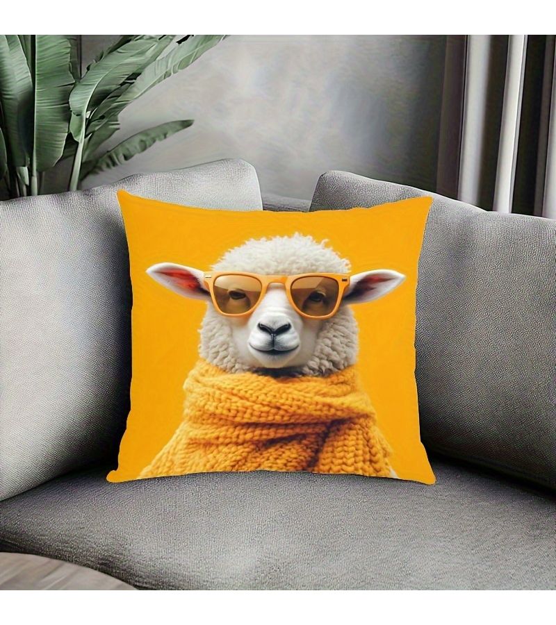 Cute Sheep Pillow Cover Yellow With Glasses Scarf Soft Polyester Zip Closure Machine Washable For Home Sofa Bedroom Office Decor - Image 3
