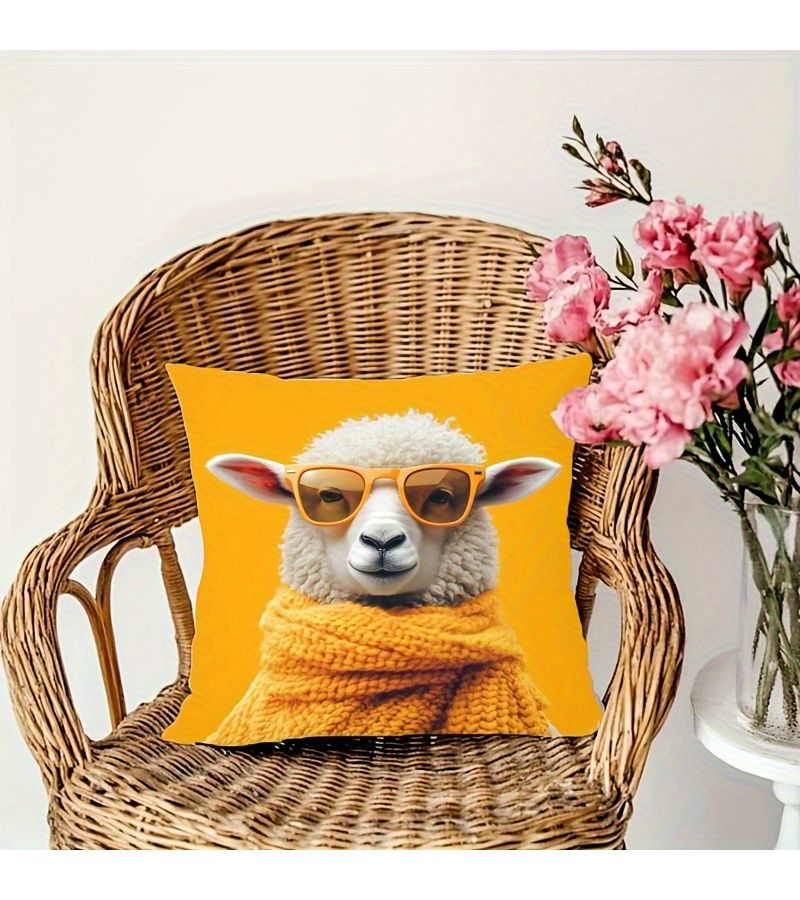 Cute Sheep Pillow Cover Yellow With Glasses Scarf Soft Polyester Zip Closure Machine Washable For Home Sofa Bedroom Office Decor - Image 5