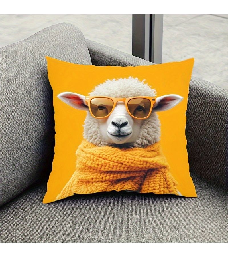 Cute Sheep Pillow Cover Yellow With Glasses Scarf Soft Polyester Zip Closure Machine Washable For Home Sofa Bedroom Office Decor - Image 1
