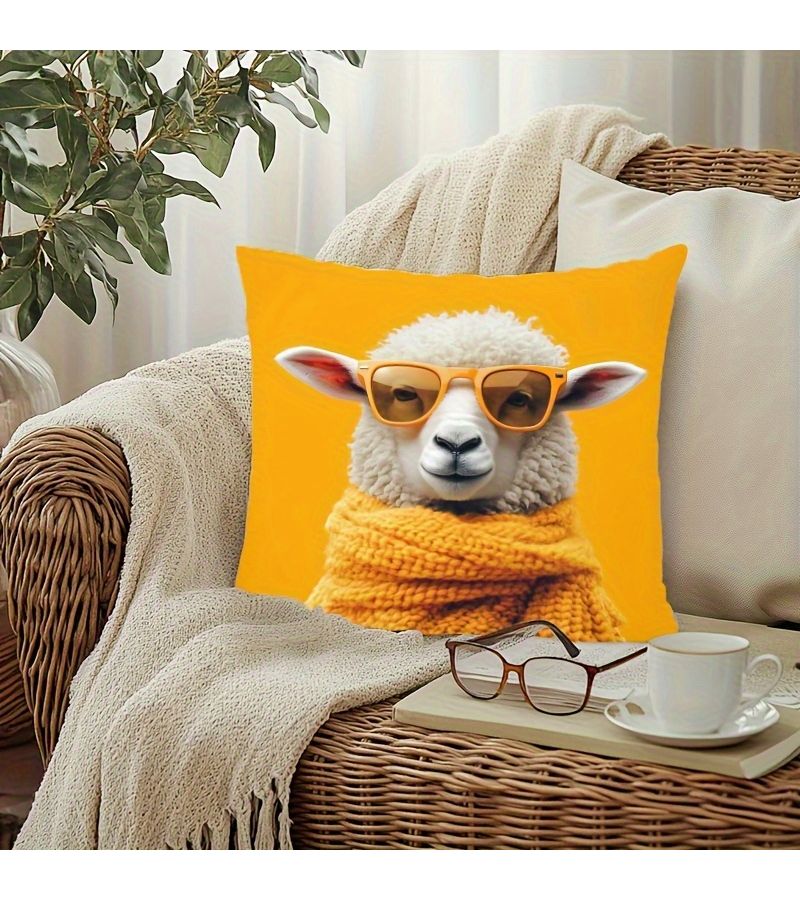Cute Sheep Pillow Cover Yellow With Glasses Scarf Soft Polyester Zip Closure Machine Washable For Home Sofa Bedroom Office Decor - Image 2