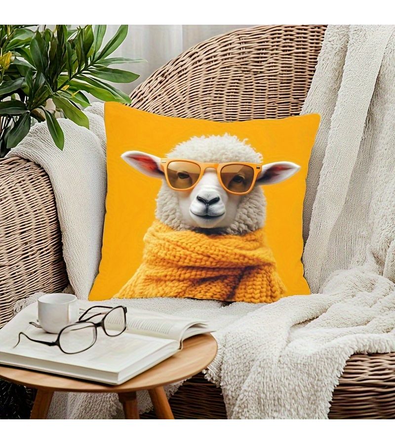 Cute Sheep Pillow Cover Yellow With Glasses Scarf Soft Polyester Zip Closure Machine Washable For Home Sofa Bedroom Office Decor - Image 4