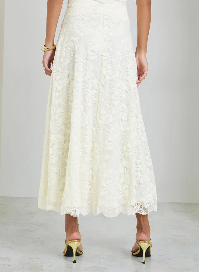 Styli  Cream Lace Overlay A-Line Midi Skirt for Women | Best Price UAE