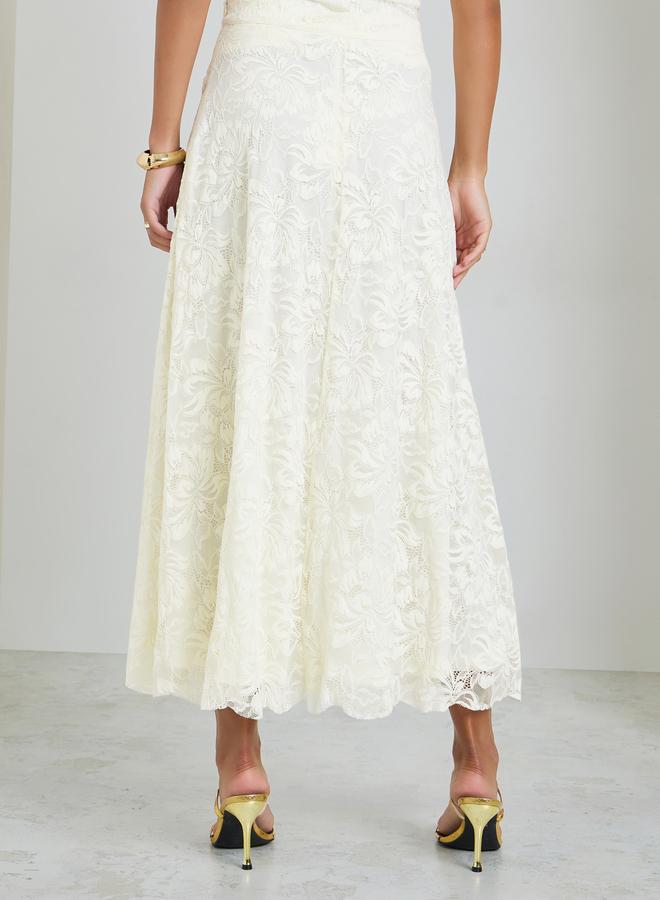 Styli Cream Lace Overlay A-Line Midi Skirt - Image 4