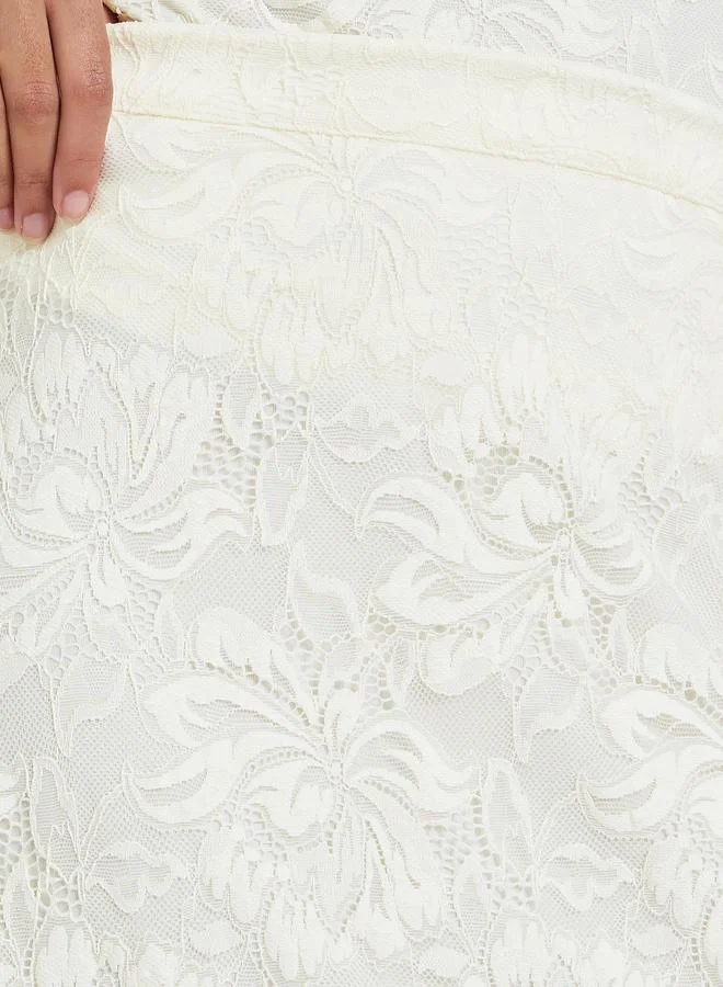 Styli  Cream Lace Overlay A-Line Midi Skirt for Women | Best Price UAE