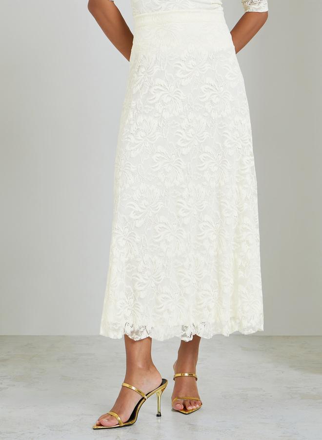 Styli Cream Lace Overlay A-Line Midi Skirt - Image 2
