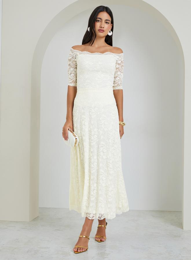Styli Cream Lace Overlay A-Line Midi Skirt - Image 1