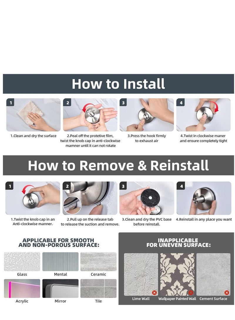 Suction Cup Hooks for Shower Towel Holder Stainless Steel Vacuum Bathroom Shower Hook Suction Washcloth Hanger Kitchen Towel Rack for Robe Loofah Wreath Glass Door Window Wall Brushed Black 2Pcs - Image 5