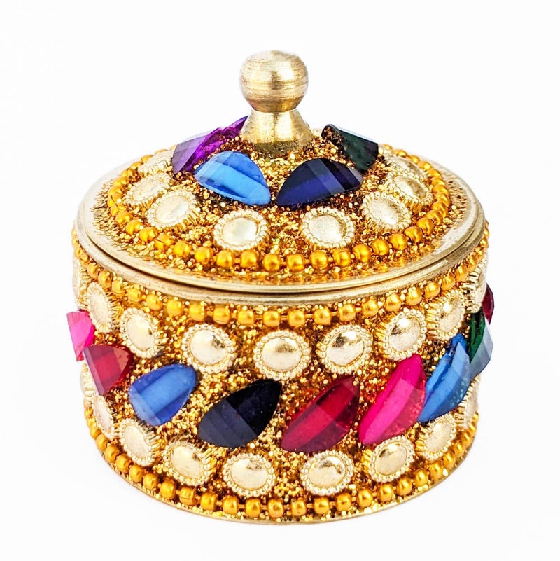 KOIL Handcrafted Multicolor Petals Sindoor Dibbi: Gold Elements & Shiny Brass Kumkum Box, Sindoor Dani Fancy Sindoor Dibbi Earrings Moti Box, Ideal for Gifting & Decoration - Image 1