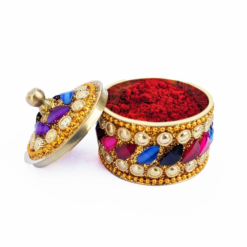 KOIL Handcrafted Multicolor Petals Sindoor Dibbi: Gold Elements & Shiny Brass Kumkum Box, Sindoor Dani Fancy Sindoor Dibbi Earrings Moti Box, Ideal for Gifting & Decoration - Image 2