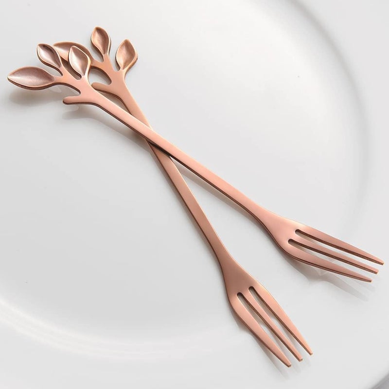 Comicfs 16 Pcs Stainless Steel Rose Gold Leaf Creative Appetizer Cake Fruit Forks Set 47 Inches Tasting Dessert Forks Kitchen Accessory Wedding Party 16 Forks Rose Gold - Image 4