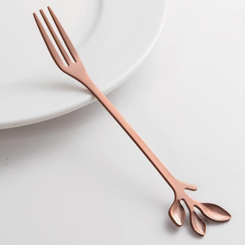 Comicfs 16 Pcs Stainless Steel Rose Gold Leaf Creative Appetizer Cake Fruit Forks Set 47 Inches Tasting Dessert Forks Kitchen Accessory Wedding Party 16 Forks Rose Gold - Image 3