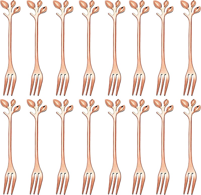 Comicfs 16 Pcs Stainless Steel Rose Gold Leaf Creative Appetizer Cake Fruit Forks Set 47 Inches Tasting Dessert Forks Kitchen Accessory Wedding Party 16 Forks Rose Gold - Image 1