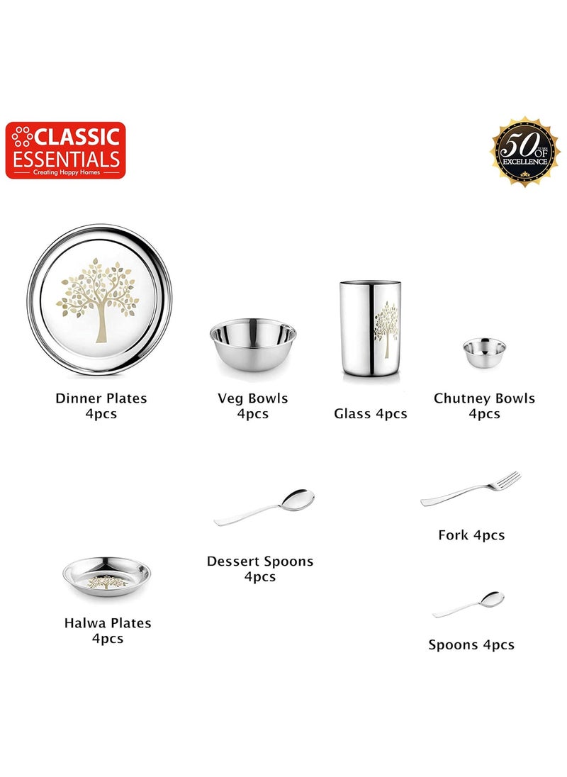 Classic Essentials Classic Essentials Stainless Steel Dinner Set|Serves 4 People|Heavy Gauge|Kitchen Set|Permanent Laser-Vriksha, Set of 32  - Image 3