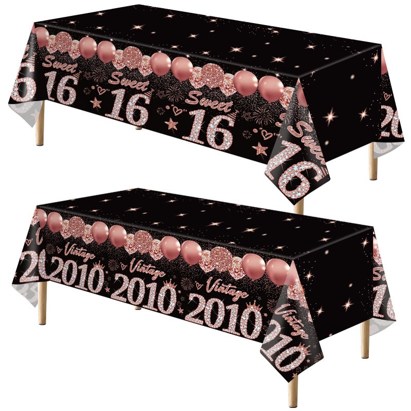 Uiorgui 2pcs 16th Birthday Tablecloth, Black Rose Gold 16th Birthday Decorations for Girls Vintage 2010 Table Cloth Plastic Rectangular Table Cover Sweet 16 Anniversary Party Supplies - Image 1