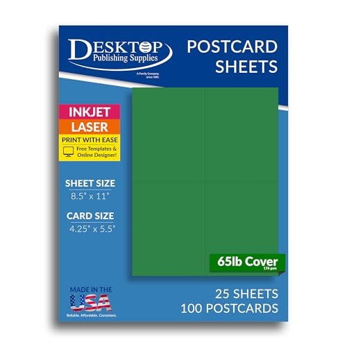 Desktop Publishing Supplies Blank Colored 4-up Postcard Paper by Desktop Publishing Supplies - 25 Sheets / 100 Postcards Pack - Printable with Laser or Inkjet Printer - Plain Matte Cardstock (Holiday Green) - Image 3