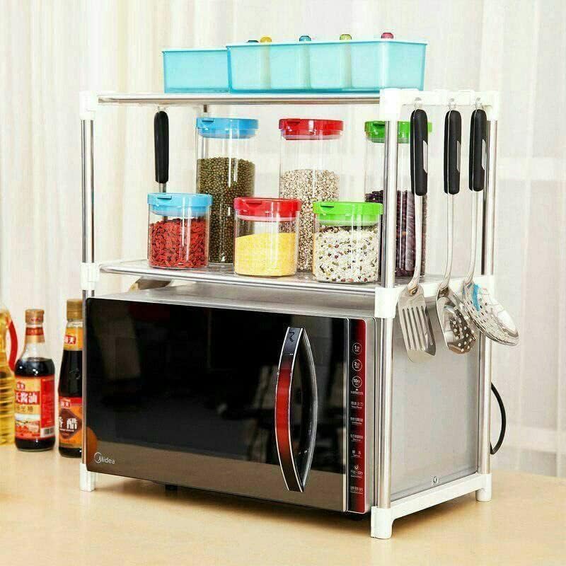 Double metal rack placed above the microwave oven, with 2 shelves for organization and storage, suitable for the kitchen, stainless steel, silver x white AH175 - Image 2
