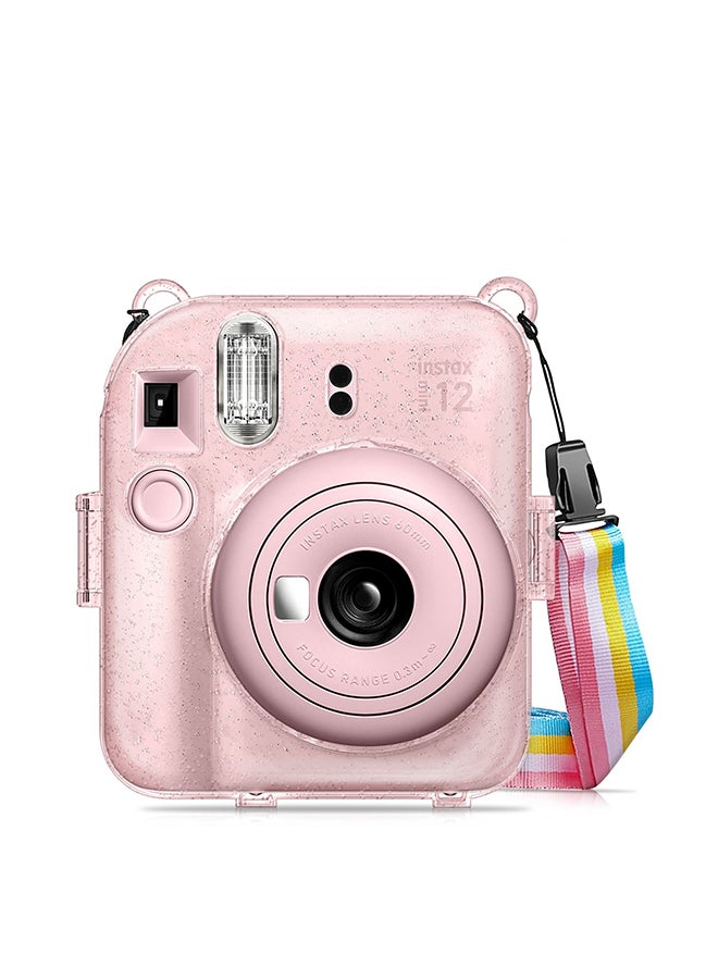 O Ozone Transparent Hard Camera Case for Fujifilm Instax Mini 12 Instant Camera Cover with Adjustable Strap  - Pink - Image 1