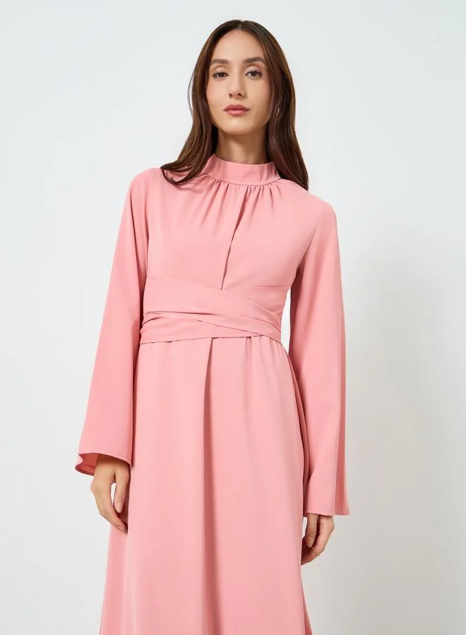تايك تو Women High Neck Maxi Dress with Tie Waist