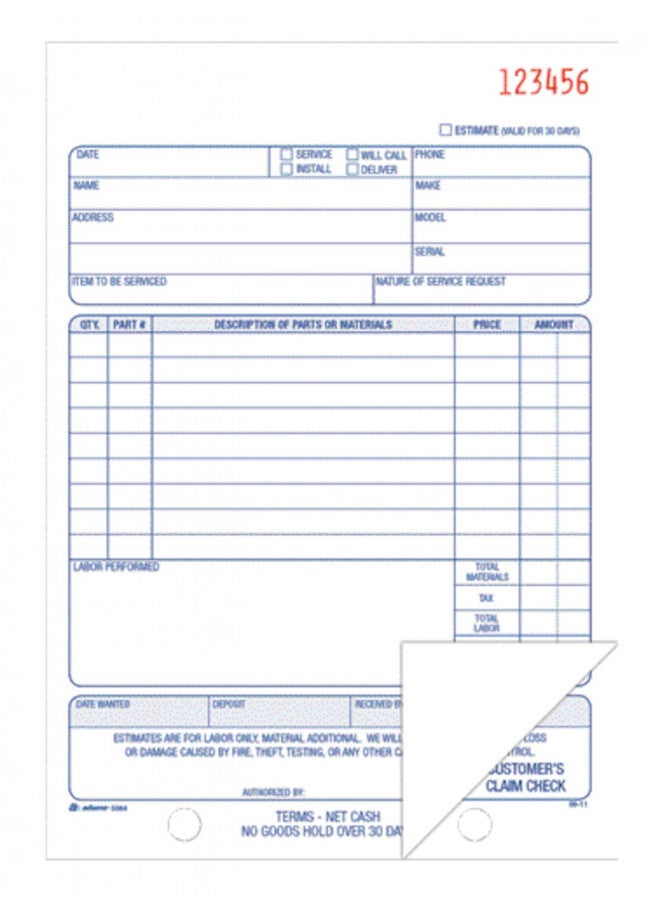 Adams Repair Order Book, Carbonless, 2-Part, White/White, 5-9/16 x 8-7/16 Inches, 50 Sets (D5084) - Image 2