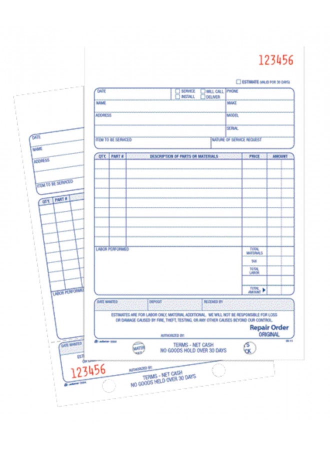 Adams Repair Order Book, Carbonless, 2-Part, White/White, 5-9/16 x 8-7/16 Inches, 50 Sets (D5084) - Image 1