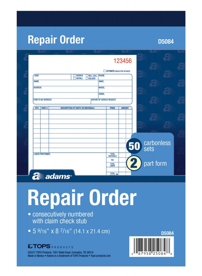Adams Repair Order Book, Carbonless, 2-Part, White/White, 5-9/16 x 8-7/16 Inches, 50 Sets (D5084) - Image 3