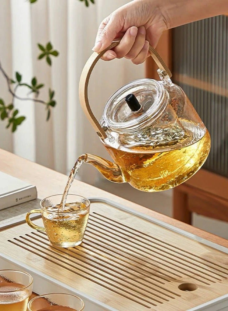 Glass Teapot Clear Tea Pot Stovetop and Microwave Safe Heat Resistant Tea Maker with Wooden Handle and Removable Strainer for Home Office  - Image 2