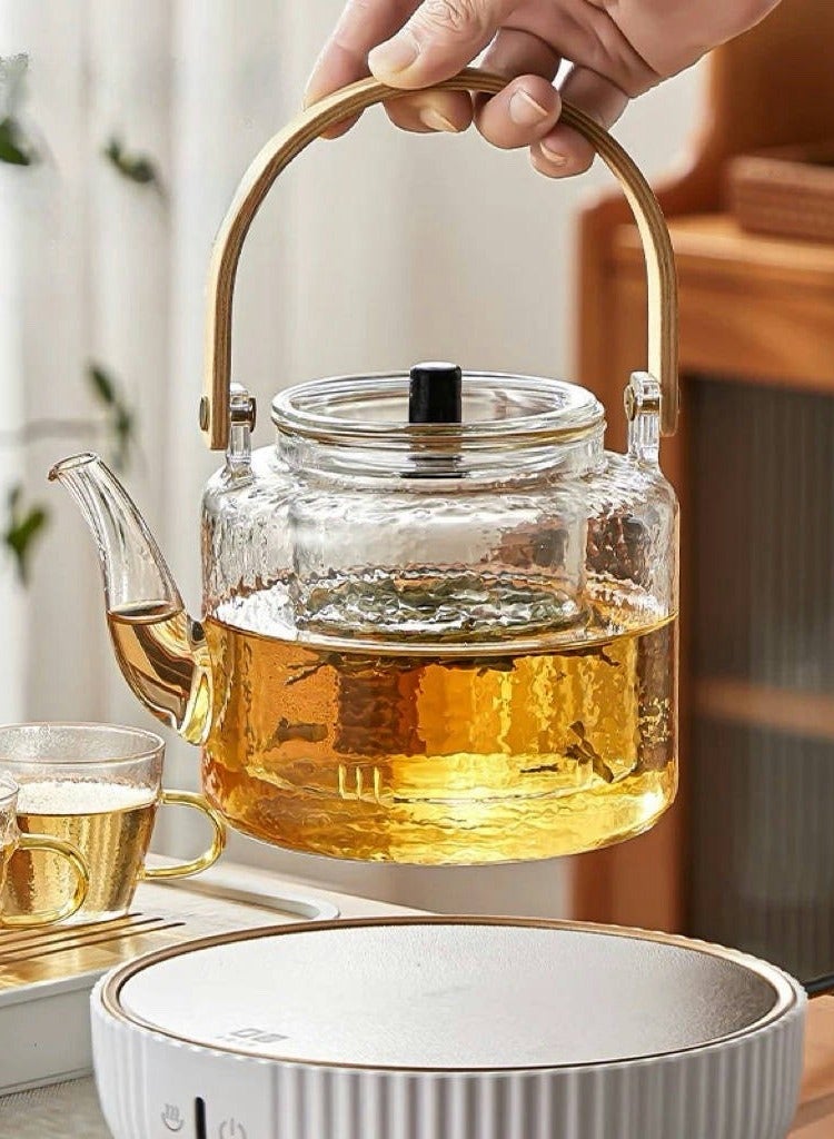 Glass Teapot Clear Tea Pot Stovetop and Microwave Safe Heat Resistant Tea Maker with Wooden Handle and Removable Strainer for Home Office  - Image 1